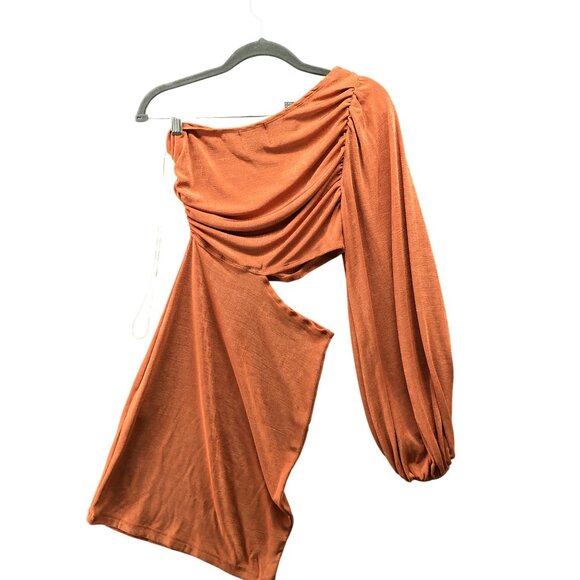 Hello Molly One Shoulder Dress Womens S (4) Orange Copper Long Sleeve Stretchy - Picture 2 of 10